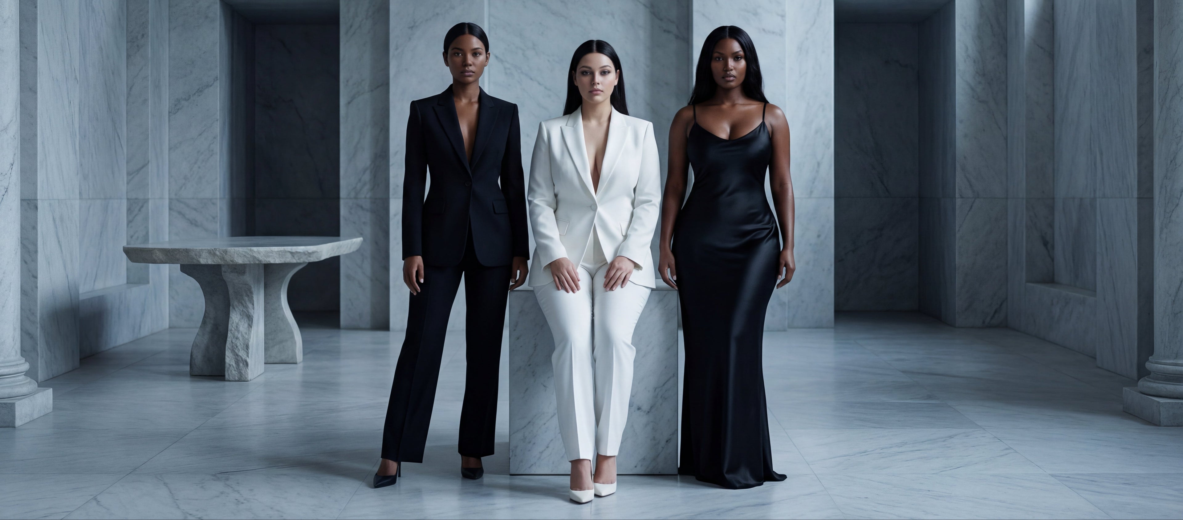 Founders Nexia, Nida and Niqa of NOIR Approved standing in a luxury marble architectural interior